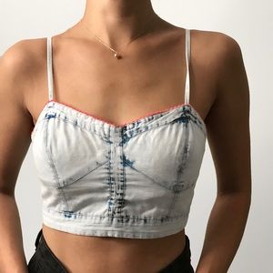 AEO Light Denim Crop Top with Pink Trim